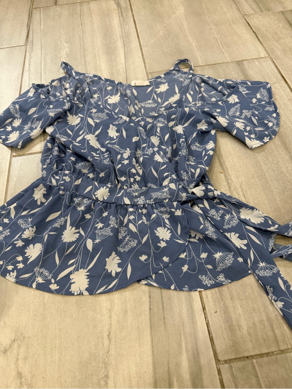Sienna Sky Blue and White Floral Cold-Shoulder Peplum Top